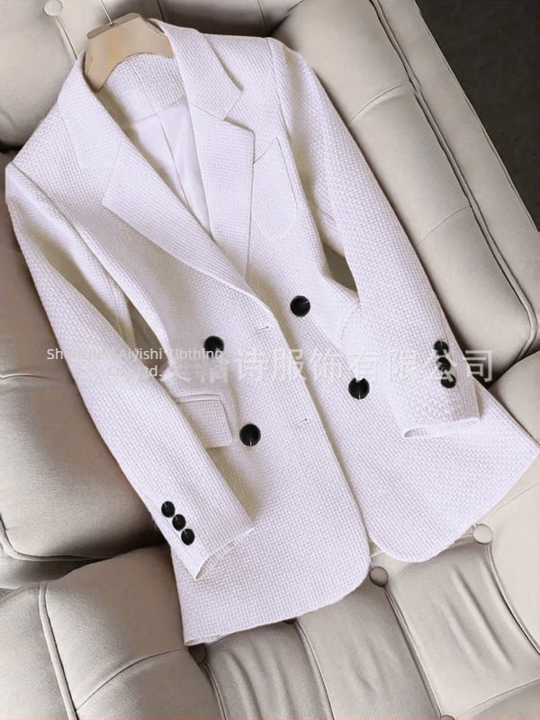 Γυναικείο σακάκι κοστουμιού με γιακά, μακριά μανίκια, διπλής σειράς κουμπιά, ύφασμα πολυεστέρα 95%+, σχέδιο κολάζ/ραφή