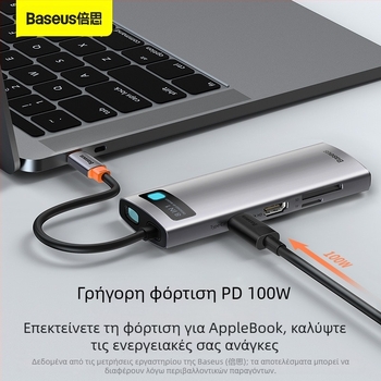 Baseus Metal Microlight Series 8-σε-1 Type-C hub, USB 3.0, καλώδιο 0,25 μ., χωρίς εξωτερική τροφοδοσία