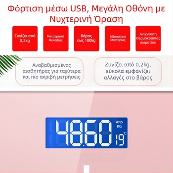 SUZI οικιακή ζυγαριά σώματος με χωρητικότητα 180 kg, τροφοδοσία USB φόρτιση ή μπαταρίες AA