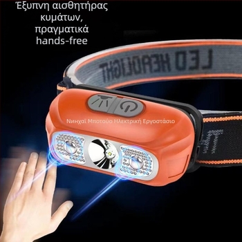 LED φακός κεφαλής 5W, μπαταρία 800 mAh, επαναφορτιζόμενος, χειροκίνητη τροφοδοσία, εμβέλεια έως 500 m, ABS περίβλημα