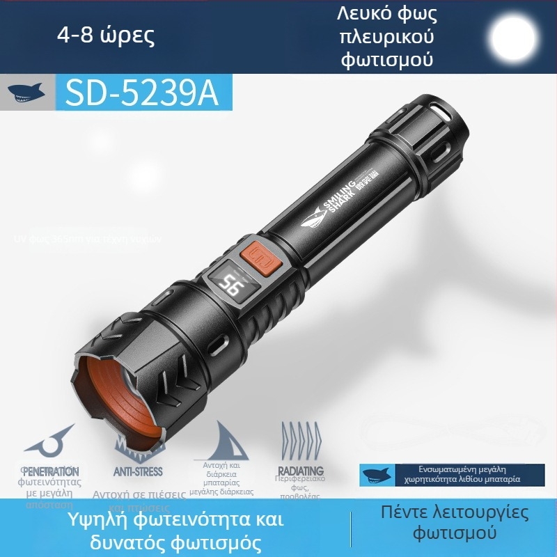 Πολυλειτουργικός εξωτερικός φακός με κρεμάμενο γάντζο, χειροκίνητη φόρτιση, LED COB πλευρικό φως και ψηφιακή οθόνη ισχύος