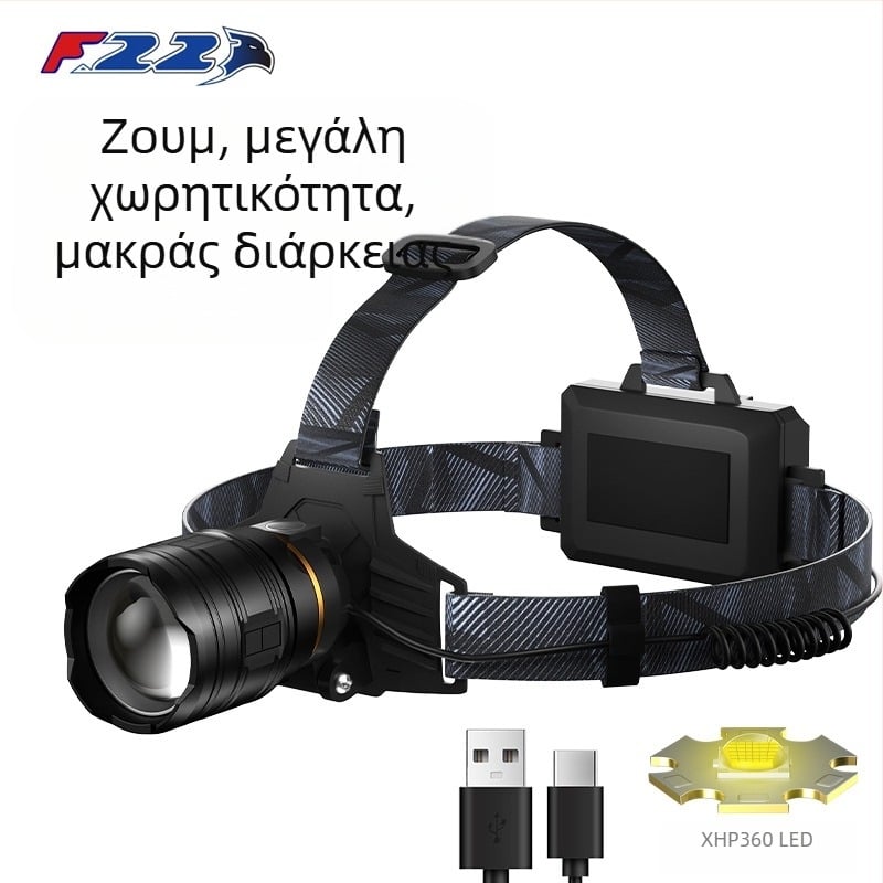 LED κεφαλικός φακός με σώμα από αλουμινίου, μπαταρία 5400 mAh, ζουμάρισμα δέσμης, 360° περιστροφή, εμβέλεια έως 500 m, επαναφορτιζόμενος, φοριέται στο κεφάλι για νυχτερινή αλιεία και εξωτερικές δραστηριότητες