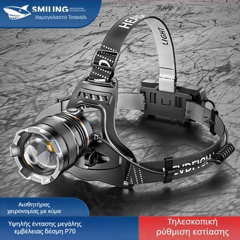 Smiling Shark LED κεφαλόφως, αλουμινίου κράμα, 4400mAh επαναφορτιζόμενη μπαταρία, εμβέλεια 100–200 μ, LED πηγή φωτισμού
