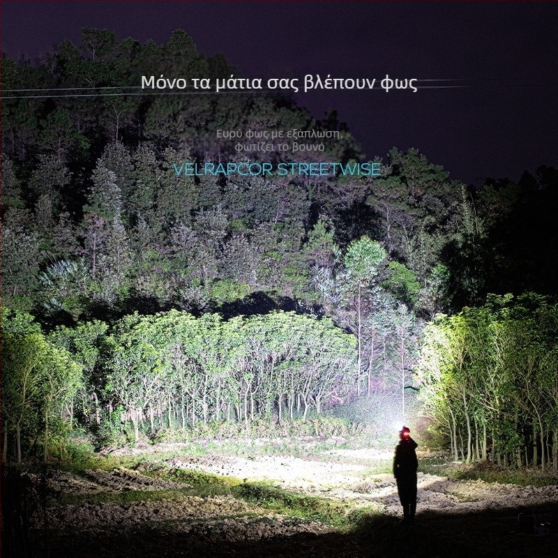 Smiling Shark LED κεφαλόφως, αλουμινίου κράμα, 4400mAh επαναφορτιζόμενη μπαταρία, εμβέλεια 100–200 μ, LED πηγή φωτισμού