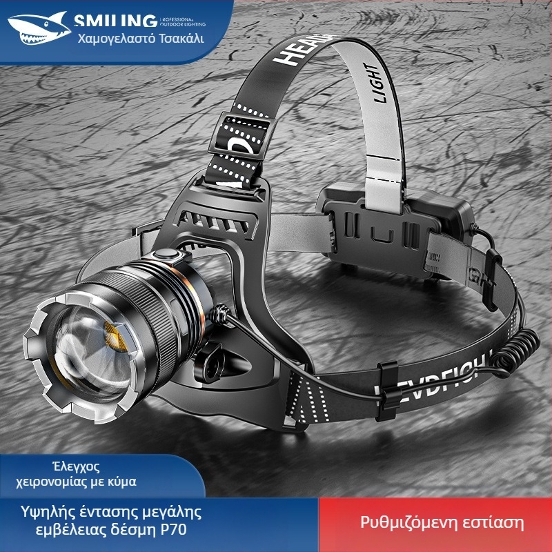 Smiling Shark LED κεφαλόφως, αλουμινίου κράμα, 4400mAh επαναφορτιζόμενη μπαταρία, εμβέλεια 100–200 μ, LED πηγή φωτισμού