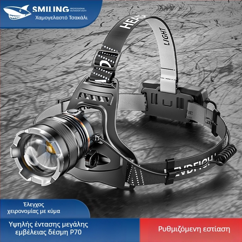 Smiling Shark LED κεφαλόφως, αλουμινίου κράμα, 4400mAh επαναφορτιζόμενη μπαταρία, εμβέλεια 100–200 μ, LED πηγή φωτισμού
