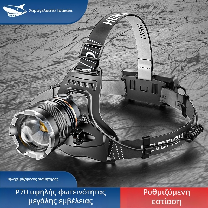 Smiling Shark LED κεφαλόφως, αλουμινίου κράμα, 4400mAh επαναφορτιζόμενη μπαταρία, εμβέλεια 100–200 μ, LED πηγή φωτισμού