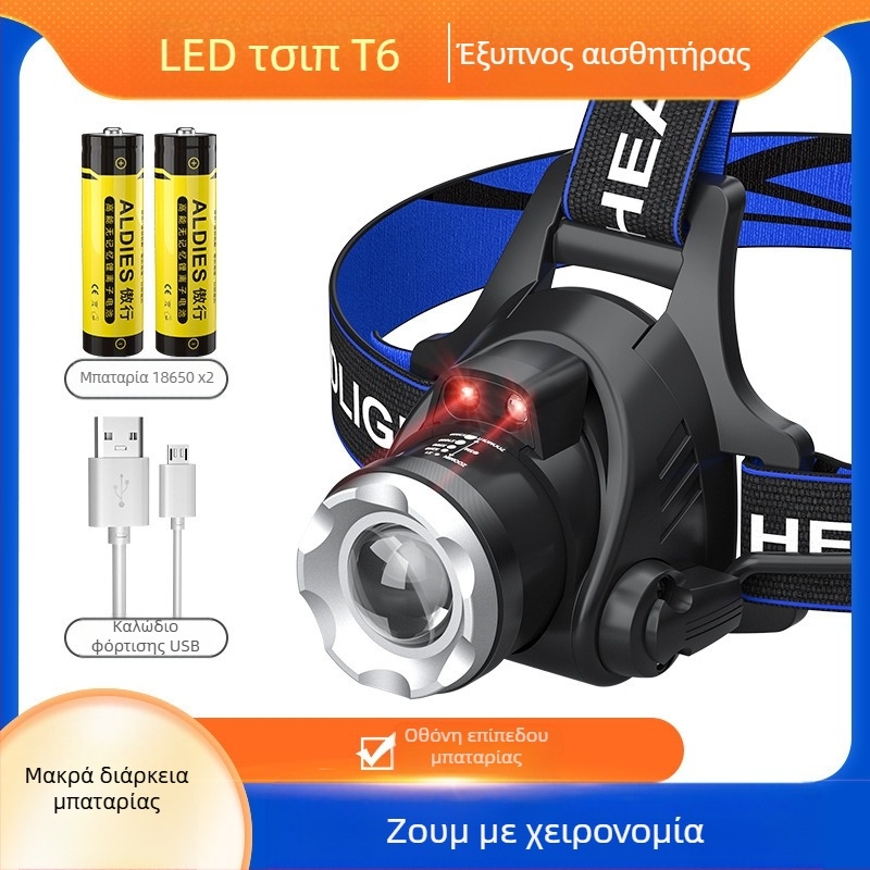 Κεφαλικός LED φακός T6 με ζουμ ρυθμιζόμενο, USB επαναφορτιζόμενος, ισχύς 10W и μπαταρία 1200mAh, περιστροφή 360°, εμβέλεια 100–200m