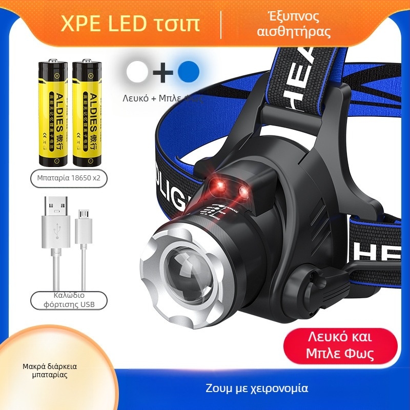Κεφαλικός LED φακός T6 με ζουμ ρυθμιζόμενο, USB επαναφορτιζόμενος, ισχύς 10W и μπαταρία 1200mAh, περιστροφή 360°, εμβέλεια 100–200m