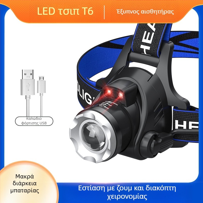 Κεφαλικός LED φακός T6 με ζουμ ρυθμιζόμενο, USB επαναφορτιζόμενος, ισχύς 10W и μπαταρία 1200mAh, περιστροφή 360°, εμβέλεια 100–200m