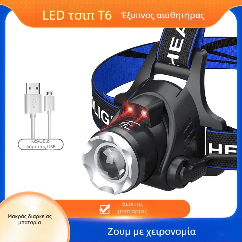 Κεφαλικός LED φακός T6 με ζουμ ρυθμιζόμενο, USB επαναφορτιζόμενος, ισχύς 10W и μπαταρία 1200mAh, περιστροφή 360°, εμβέλεια 100–200m