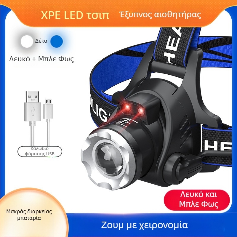Κεφαλικός LED φακός T6 με ζουμ ρυθμιζόμενο, USB επαναφορτιζόμενος, ισχύς 10W и μπαταρία 1200mAh, περιστροφή 360°, εμβέλεια 100–200m