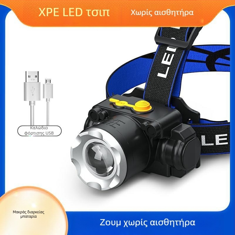 Κεφαλικός LED φακός T6 με ζουμ ρυθμιζόμενο, USB επαναφορτιζόμενος, ισχύς 10W и μπαταρία 1200mAh, περιστροφή 360°, εμβέλεια 100–200m