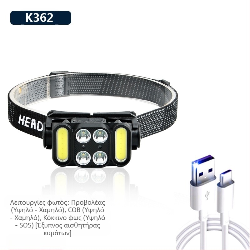 Φακός κεφαλής COB LED, USB επαναφορτιζόμενος, 30W, μπαταρία 1200 mAh, εμβέλεια δέσμης 200–500 m, για κατασκήνωση και υπαίθριες δραστηριότητες