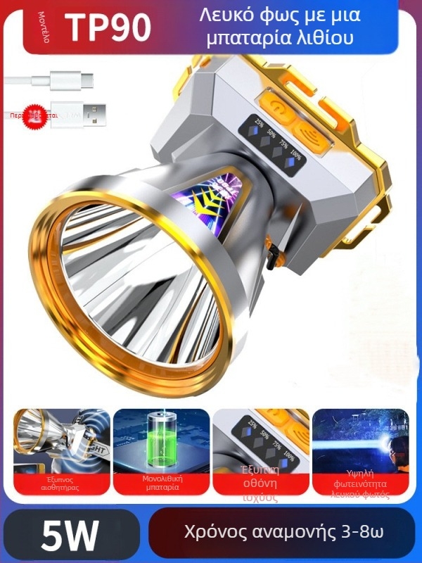 Φορτιζόμενος LED φακός κεφαλής Type-C για νυχτερινό ψάρεμα και κάμπινγκ — 10W, 1200mAh, ιμάντας κεφαλής, δέσμη 200–500 m