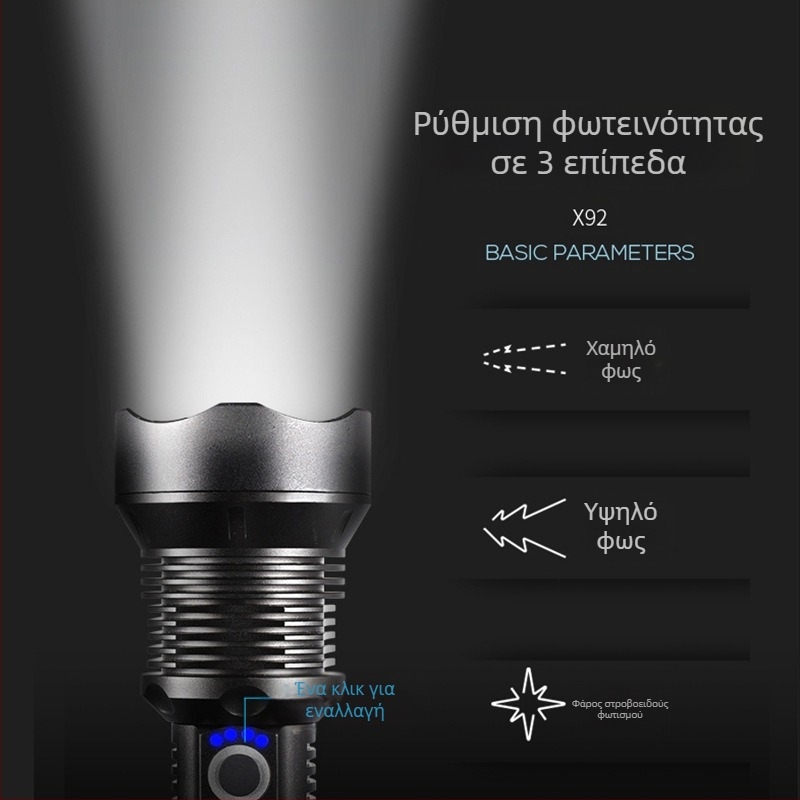 P70 εξωτερικός LED φακός με υψηλή φωτεινότητα, τηλεσκοπικό ζουμ, επαναφορτιζόμενο αλουμινένιο σώμα