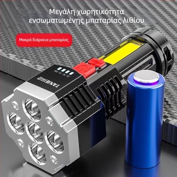 Φακός χειρός LED με πέντε πυρήνες, USB επαναφορτιζόμενος, για εξωτερική χρήση, πολυλειτουργικός μακρινός φωτισμός, εμβέλεια 100–200 μ, περιστροφή 360°