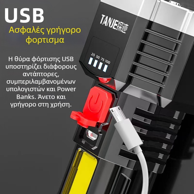 Φακός χειρός LED με πέντε πυρήνες, USB επαναφορτιζόμενος, για εξωτερική χρήση, πολυλειτουργικός μακρινός φωτισμός, εμβέλεια 100–200 μ, περιστροφή 360°