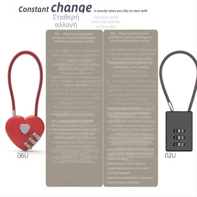 Καρδιάς σχήματος μηχανικό λουκέτο με κωδικό 06U – Ψευδάργυρος, κατάλληλο για σχολικές τσάντες, αποσκευές και τσάντες γυμναστηρίου; 4 mm μήκος της ράβδου κλειδώματος, απόσταση 15 mm μεταξύ ράβδων