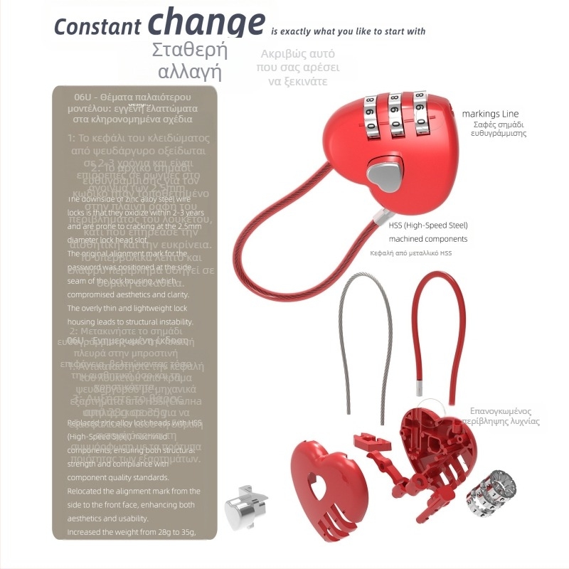 Καρδιάς σχήματος μηχανικό λουκέτο με κωδικό 06U – Ψευδάργυρος, κατάλληλο για σχολικές τσάντες, αποσκευές και τσάντες γυμναστηρίου; 4 mm μήκος της ράβδου κλειδώματος, απόσταση 15 mm μεταξύ ράβδων