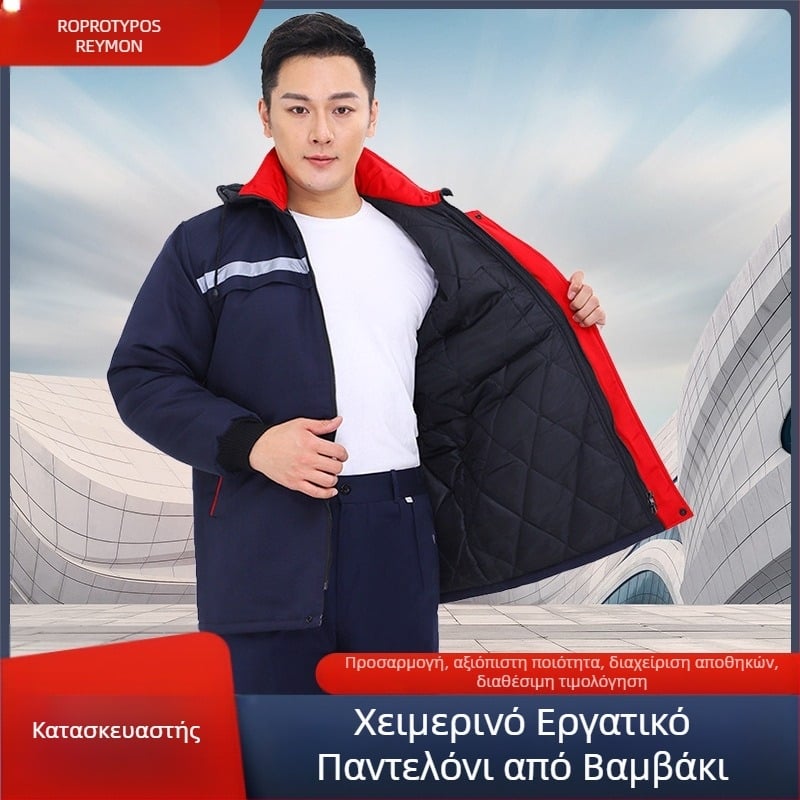 Χειμερινή ενδυμασία εργασίας με πολλές τσέπες, επενδεδυμένος φλίς, ανακλαστικές λωρίδες για προστασία από το κρύο σε εργοστάσιο