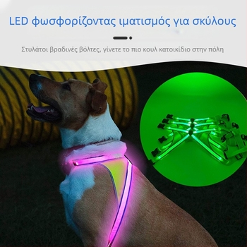 Ζώνη θώρακα σκύλου με LED φως, USB επαναφορτιζόμενη, νάιλον, ρυθμιζόμενη, κατάλληλη για νυχτερινές βόλτες