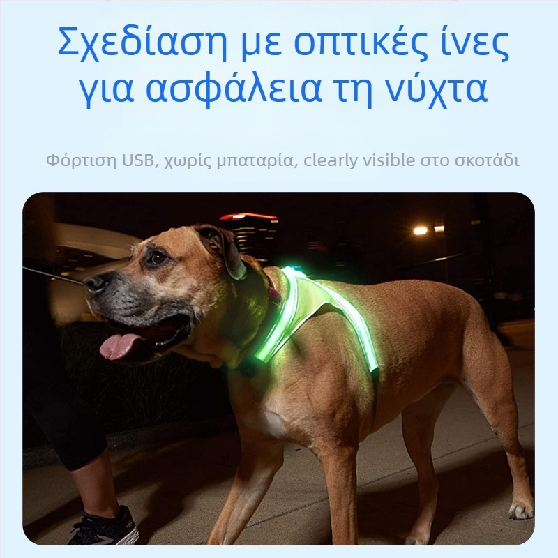 Ζώνη θώρακα σκύλου με LED φως, USB επαναφορτιζόμενη, νάιλον, ρυθμιζόμενη, κατάλληλη για νυχτερινές βόλτες