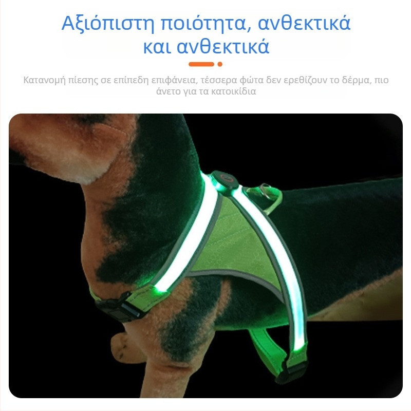 Ζώνη θώρακα σκύλου με LED φως, USB επαναφορτιζόμενη, νάιλον, ρυθμιζόμενη, κατάλληλη για νυχτερινές βόλτες