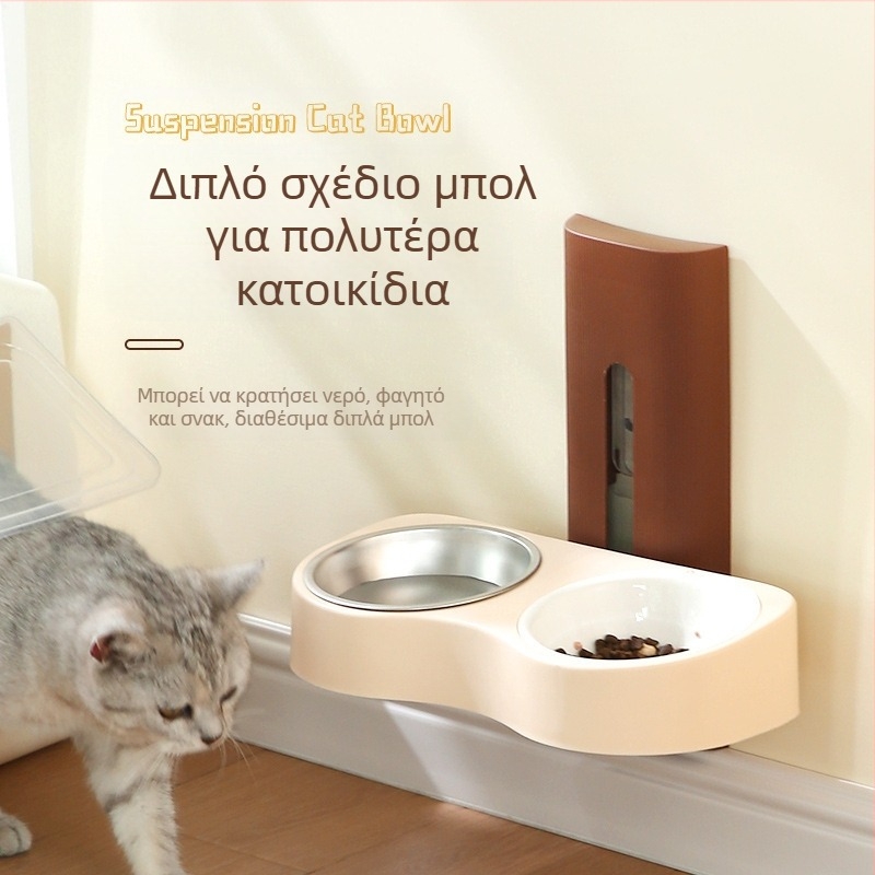 Τοίχος-τοποθετούμενο σετ με δύο μπολάκια για κατοικίδια, αντιανατροπή, πλαστικό, αυτόματη τροφοδοσία