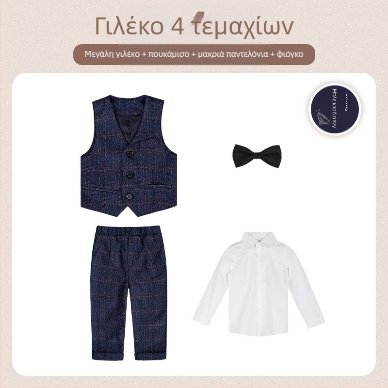 Παιδικό κοστούμι δύο τεμαχίων σε φθινοπωρινό βρετανικό στυλ με καρό σχέδιο, για 1–3 ετών, V-λαιμό, μακριά μανίκια, διπλής σειράς κουμπιών