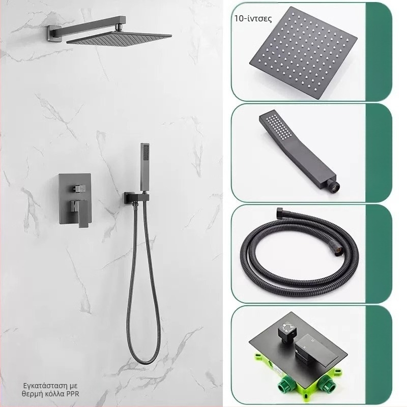 Σετ ντους για ενσωμάτωση σε τοίχο, χαλκός κατασκευή, τετράγωνο ντους βροχής, έλεγχος θερμοκρασίας, μοντέλο zs-anz