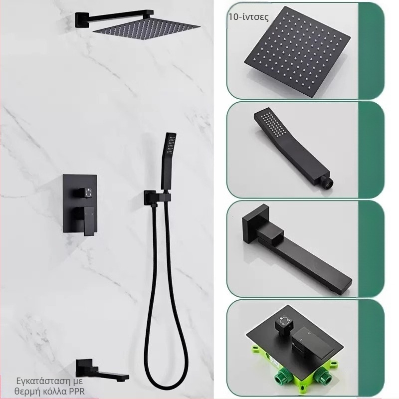 Σετ ντους για ενσωμάτωση σε τοίχο, χαλκός κατασκευή, τετράγωνο ντους βροχής, έλεγχος θερμοκρασίας, μοντέλο zs-anz