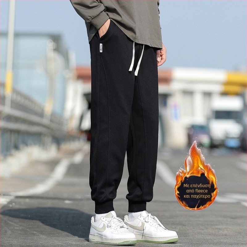 Ανδρικά παντελόνια με fleece για ζεστασιά τον χειμώνα, χαλαρή γραμμή, μεσαία μέση, στυλ Hong Kong wind, ανάμειξη συνθετικών ινών