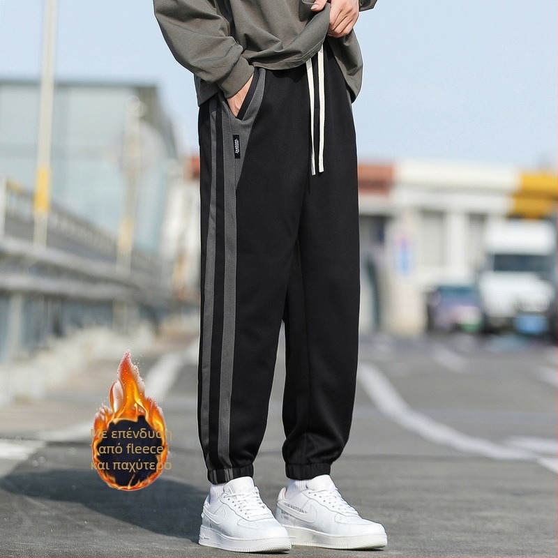 Ανδρικά παντελόνια με fleece για ζεστασιά τον χειμώνα, χαλαρή γραμμή, μεσαία μέση, στυλ Hong Kong wind, ανάμειξη συνθετικών ινών