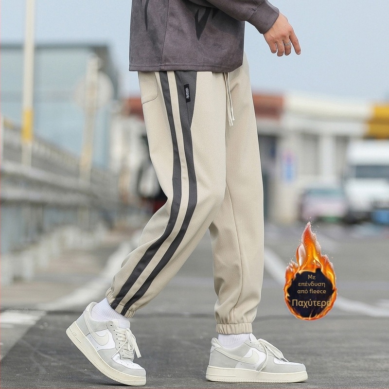 Ανδρικά παντελόνια με fleece για ζεστασιά τον χειμώνα, χαλαρή γραμμή, μεσαία μέση, στυλ Hong Kong wind, ανάμειξη συνθετικών ινών