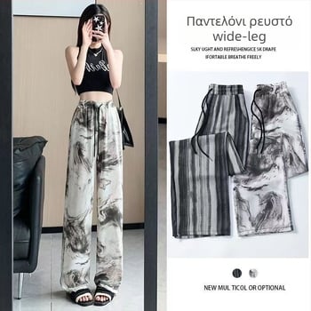 Γυναικείες παντελόνες ευρύς γραμμής από ice silk, καλοκαιρινές και ελαφριές, κινέζικού στυλ με εκτύπωση μελανών πινελιών, χαλαρές, μέχρι το πάτωμα