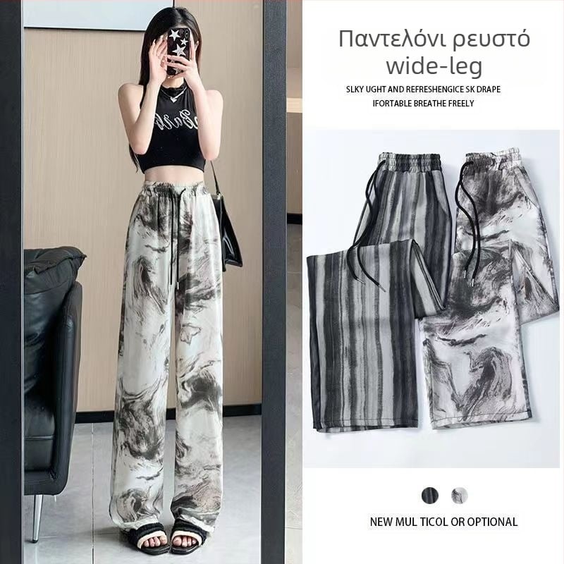 Γυναικείες παντελόνες ευρύς γραμμής από ice silk, καλοκαιρινές και ελαφριές, κινέζικού στυλ με εκτύπωση μελανών πινελιών, χαλαρές, μέχρι το πάτωμα