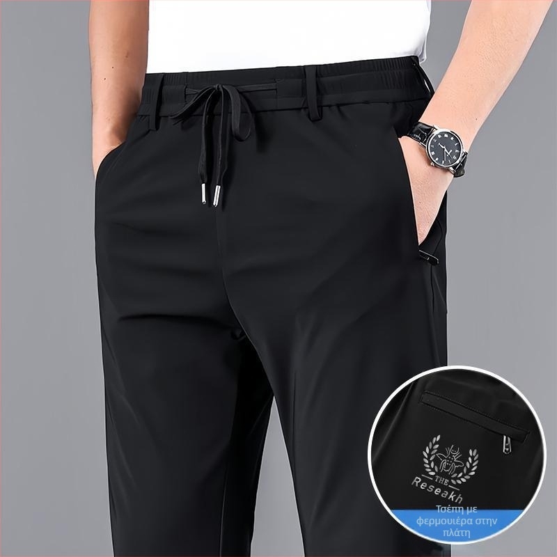 Ανδρικές καλοκαιρινές παντελόνες Ice-Silk ταχείας ξήρανσης, cropped straight γραμμή, μέση με ζώνη, διαπνέουσες ελαστικές ίνες πολυεστέρα (82% πολυεστέρας)