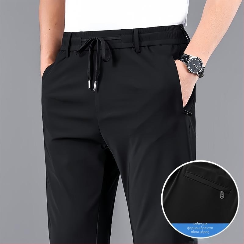 Ανδρικές καλοκαιρινές παντελόνες Ice-Silk ταχείας ξήρανσης, cropped straight γραμμή, μέση με ζώνη, διαπνέουσες ελαστικές ίνες πολυεστέρα (82% πολυεστέρας)