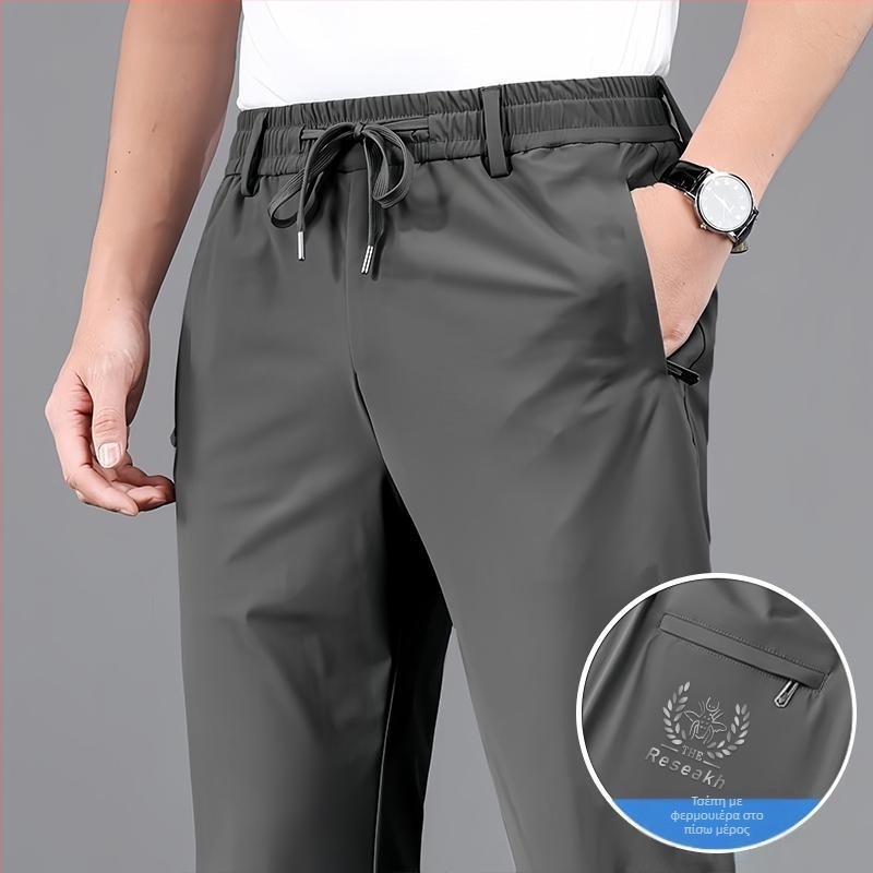 Ανδρικές καλοκαιρινές παντελόνες Ice-Silk ταχείας ξήρανσης, cropped straight γραμμή, μέση με ζώνη, διαπνέουσες ελαστικές ίνες πολυεστέρα (82% πολυεστέρας)