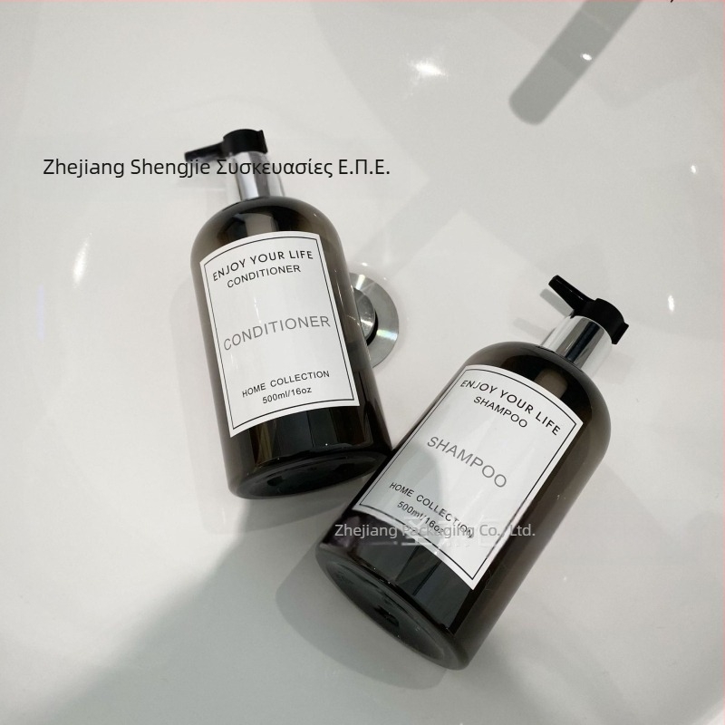 Δοχείο πλαστικό με αντλία σε στυλ Ins για καλλυντικά υγρά (σαμπουάν, αφρόλουτρο, μαλακτικό, υγρό χεριών, απορρυπαντικό) — PET, κατασκευή PET blow molding, κάλυμμα με αντλία, πάχος τοιχώματος 0.2–1 mm, 250–500 ml, εκτύπωση λογότυπου