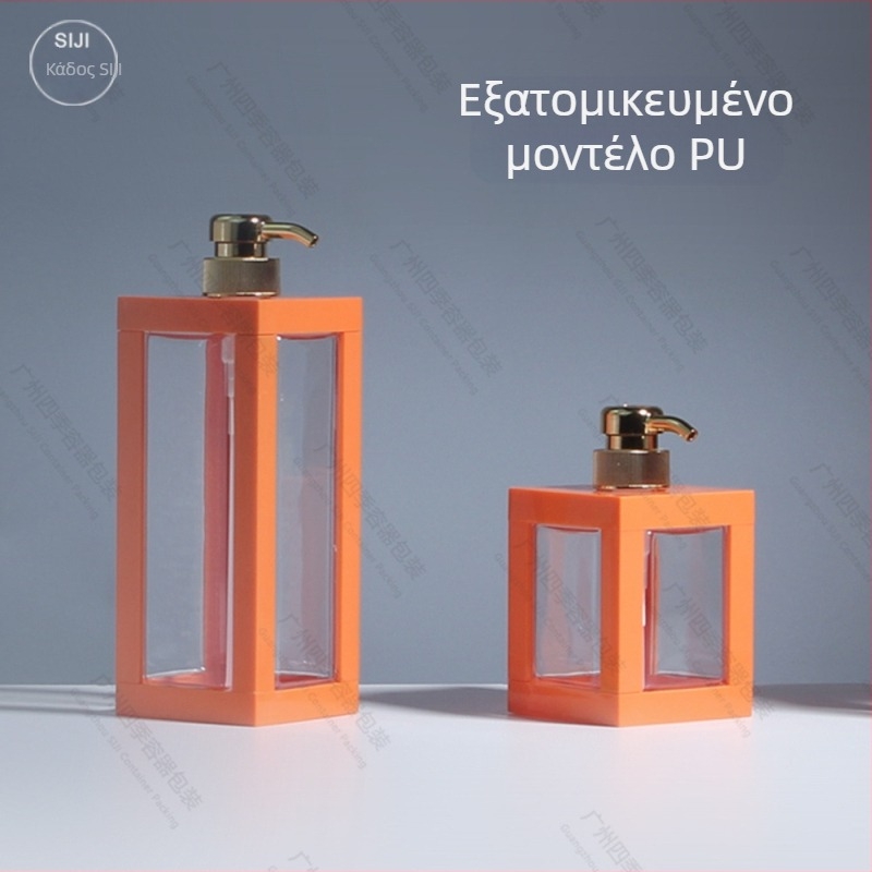 Μπουκάλι σαμπουάν PET, τετράγωνο σχήμα, κεφαλή αντλίας, κατασκευή με χύτευση υπό πίεση, μεταξοτυπικό φινίρισμα.