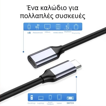 Καλώδιο επέκτασης USB-C (αρσενικό προς θηλυκό), USB 3.2 Gen3, 10 Gbps, μήκος 0.3/0.5/1 m, αγωγός από χαλκό