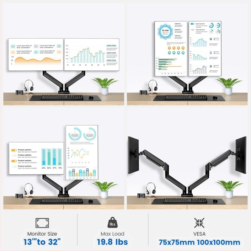 Διπλός βραχίονας οθονών για επιτραπέζια στήριξη με αεριοσύστημα, κράμα αλουμινίου, περιστροφικός τύπος