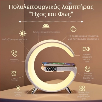 AI ασύρματος φορτιστής Bluetooth ομιλητής με φωτισμό ατμόσφαιρας, ξυπνητήρι και φωτιστικό γραφείου (Bluetooth 5.3; ασύρματη φόρτιση; ενσωματωμένη μπαταρία; ξυπνητήρι)