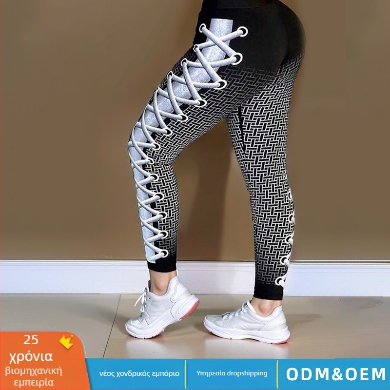 Γυναικείοι παντελόνες γιόγκα με ψηλή μέση, ελαστική ζώνη μέσης, ανύψωση γοφών, στενή εφαρμογή, γεωμετρικό σχέδιο, ύφασμα μιμείται βαμβάκι-πολυεστέρα (80-90% πολυεστέρας)