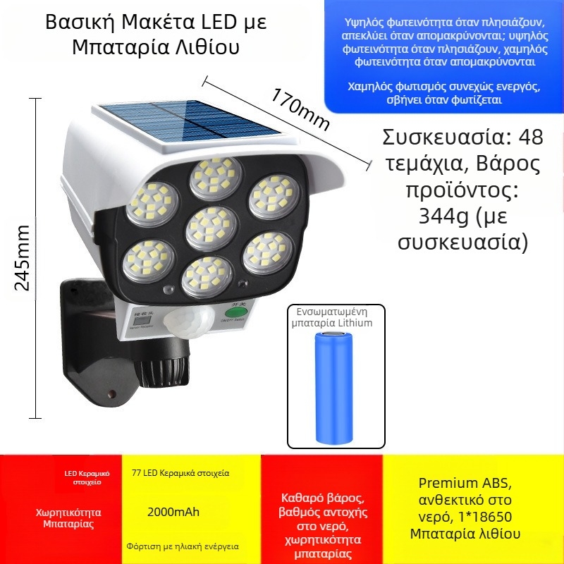 Ηλιακό LED τοίχου φωτιστικό με ανίχνευση κίνησης και ψεύτικη κάμερα επιτήρησης, εξωτερική χρήση IP65, 5W.