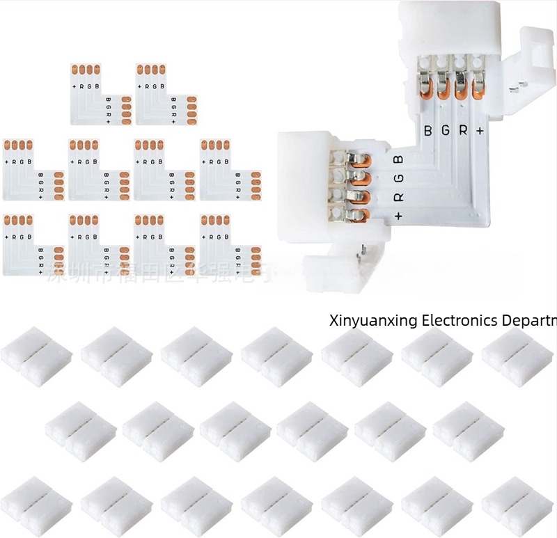 Πλακέτα προσαρμογής PCB για LED ταινία RGB 4‑pin, 10 mm, χωρίς συγκόλληση, κλιπ στερέωσης, γωνιώδες L‑τύπου συνδετήρας