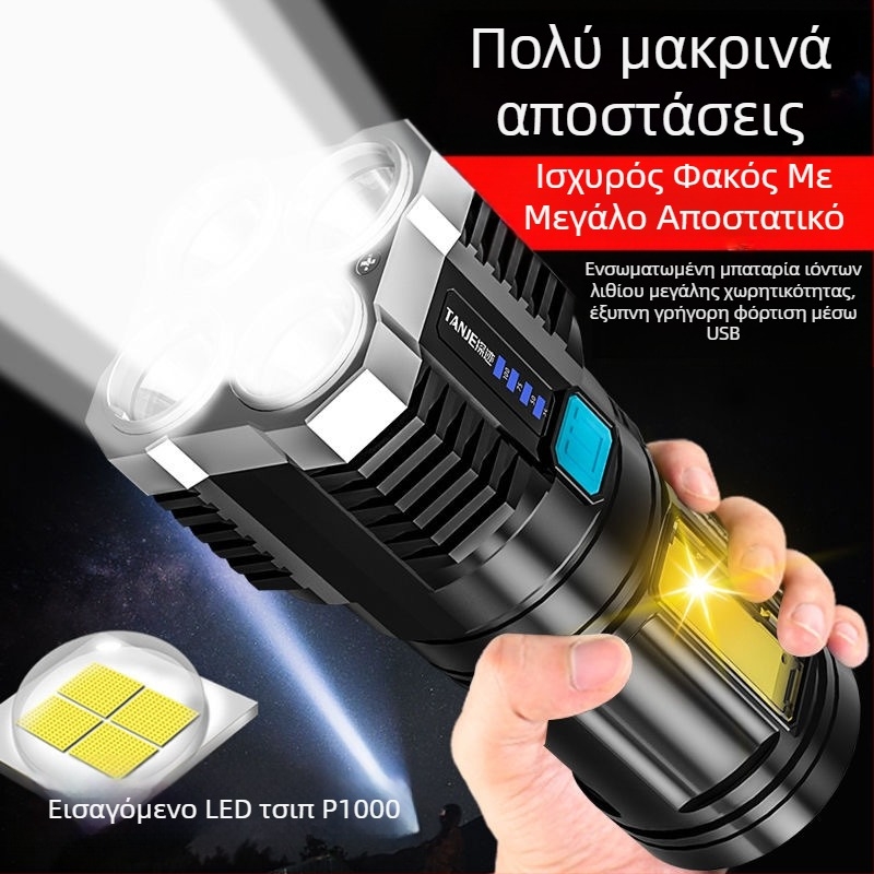 Επαναφορτιζόμενος LED φακός – ισχυρή δέσμη, 20W; μπαταρία 2400 mAh; πηγή φωτισμού LED + λαμπτήρας; φορτιστής περιλαμβάνεται; εμβέλεια 100–200 μέτρα