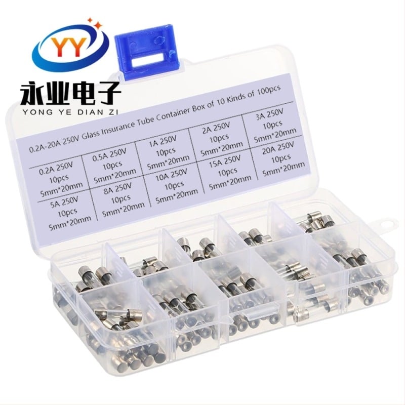 YONGYE γυάλινη ασφάλεια, 0,2A–20A, μεικτό κουτί, 100 τεμάχια